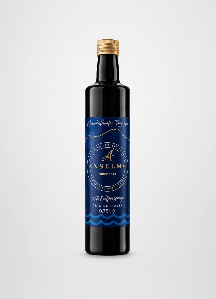 Anselmo 1943 – Natives Olivenöl Extra, Monocultivar Taggiasca, 0,75 L, erste Kaltpressung aus Italien